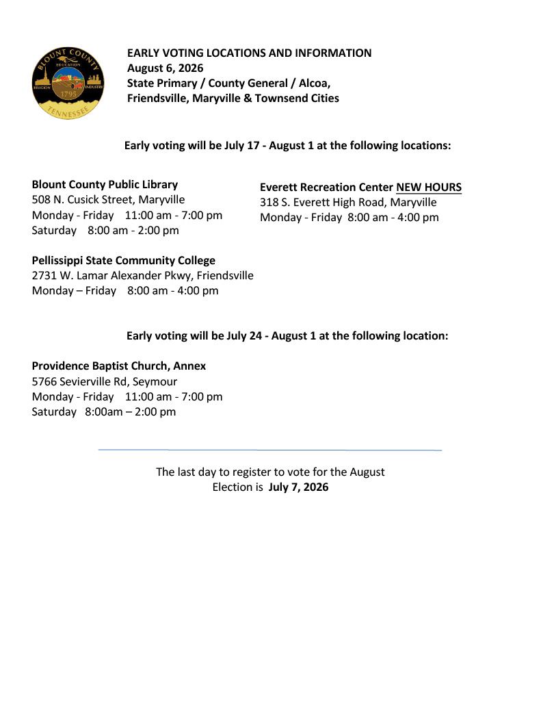 August 6, 2026 Early Voting Times and Locations