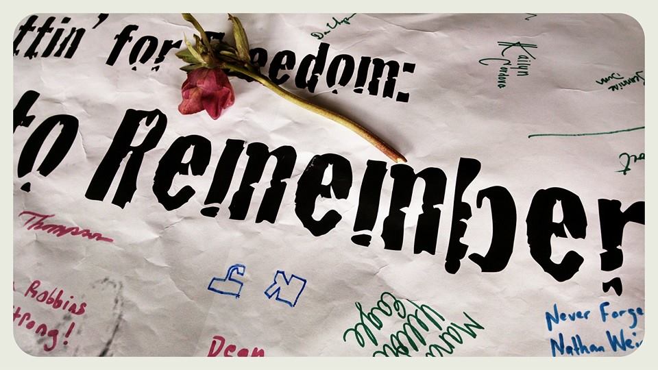 Poster: Frettin for Freedom, Walk to Remember, up close with signatures and flower