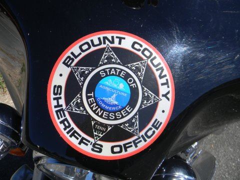 Up close image of Blount County Sheriff's Office sticker on motorcycle