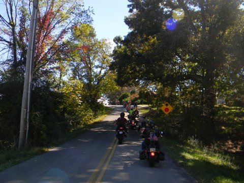 Picture taken from motorcycle of street with bikes driving down shaded street