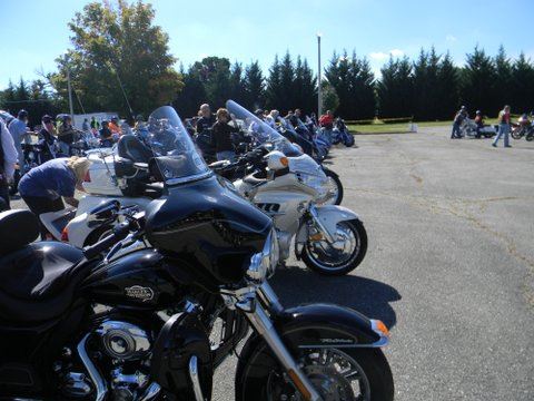 Side view of lined up parked motorcycles in lot