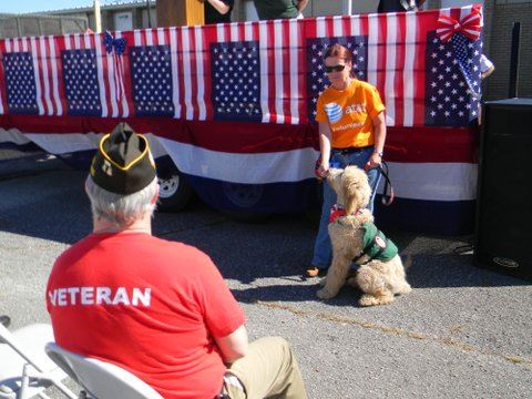 View of woman in orange shirt with dog wearing green service vest